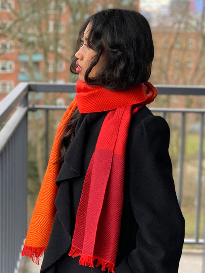 Unique scarf in bright red and orange